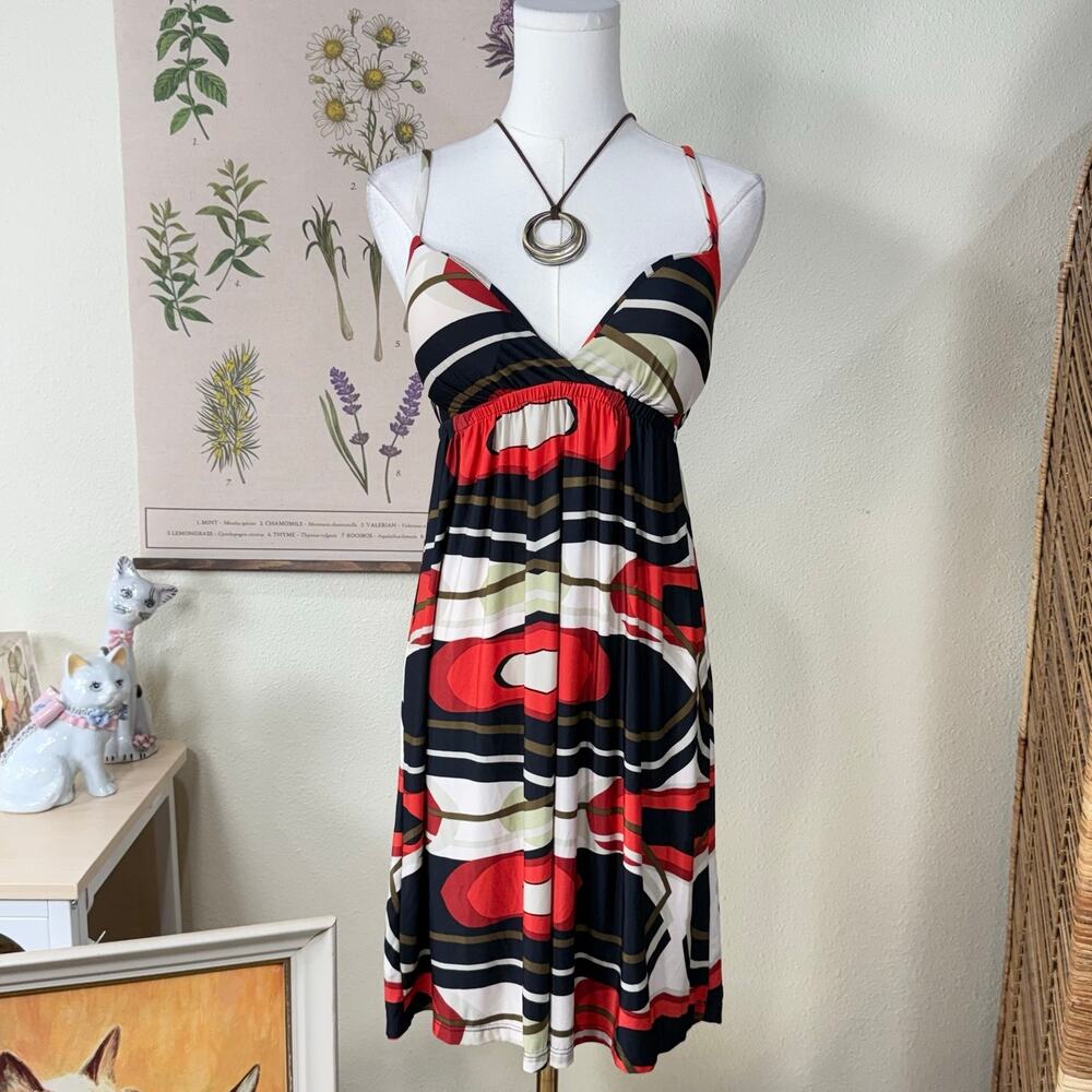 Vintage 90s Y2k Geometric Print Babydoll Mini Dress Mod Retro Boho Hippie Sexy S